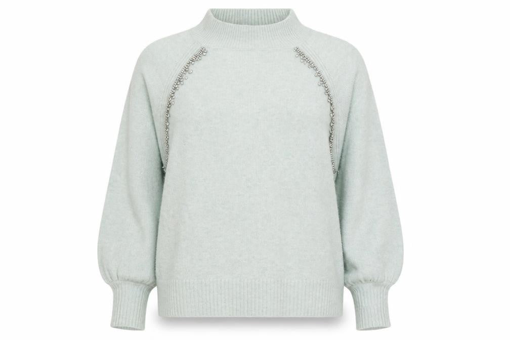 River Island Women Green Beaded Mock Neck Balloon Sleeve Jumper Size 14