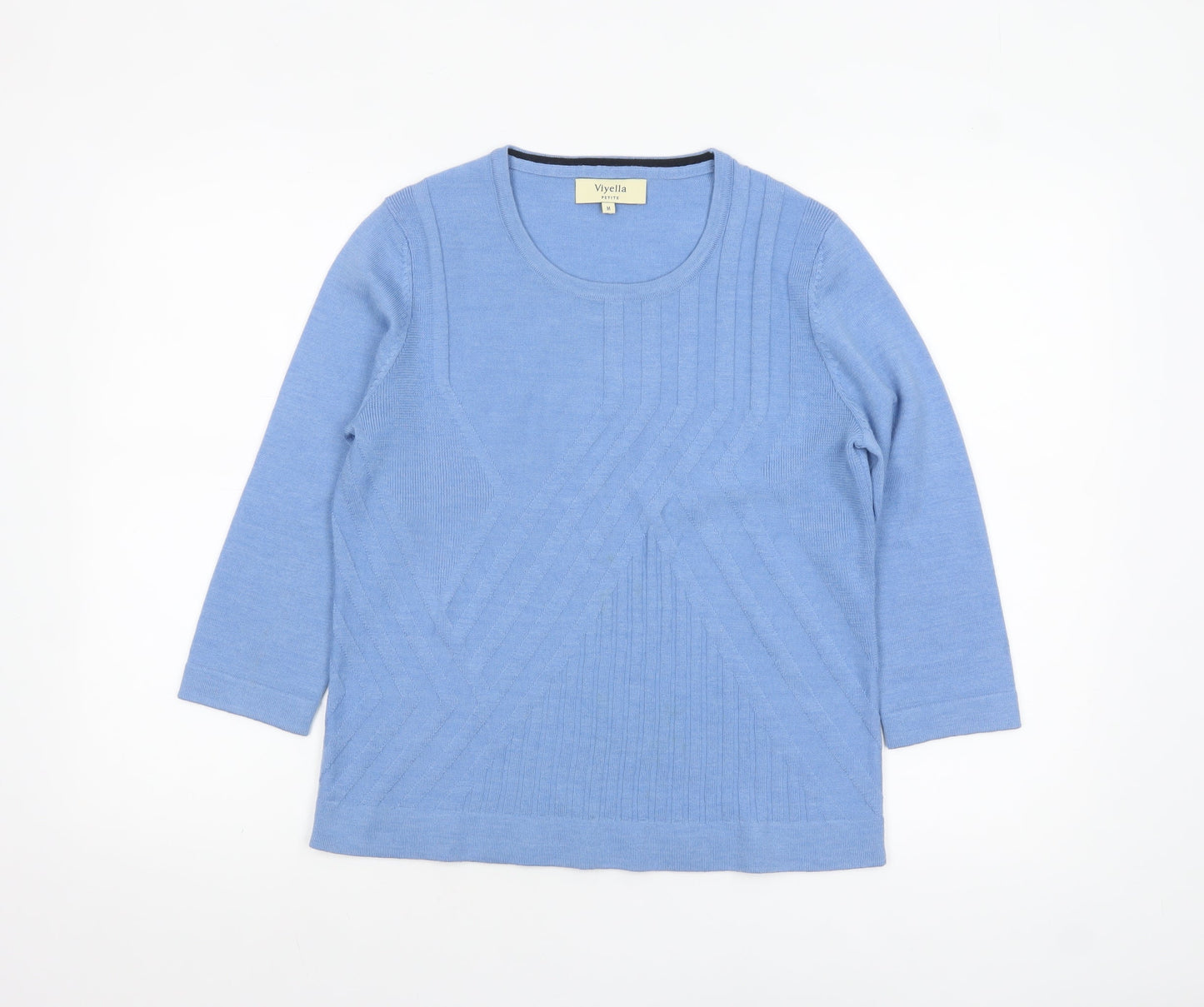 Viyella Women Blue Petite M Merino Wool 3/4 Sleeve Pullover Jumper