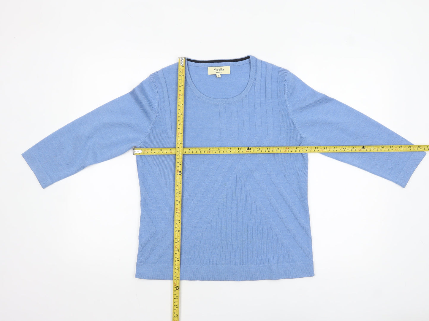 Viyella Women Blue Petite M Merino Wool 3/4 Sleeve Pullover Jumper