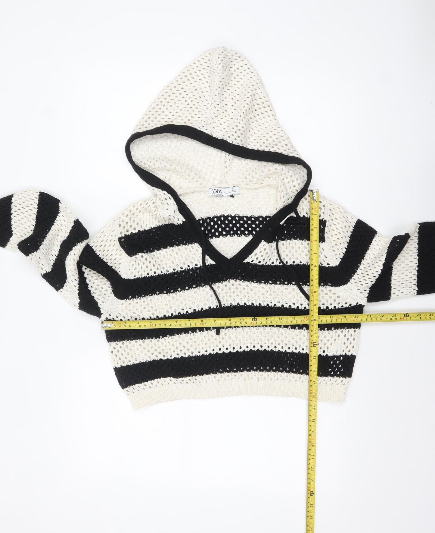 Zara Women Black White Striped Open-Knit Cotton Hooded Jumper Size 14