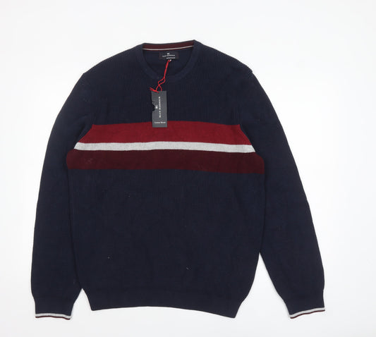 Marks and Spencer Men's Blue XL Cotton Blend Striped Crew Neck Jumper