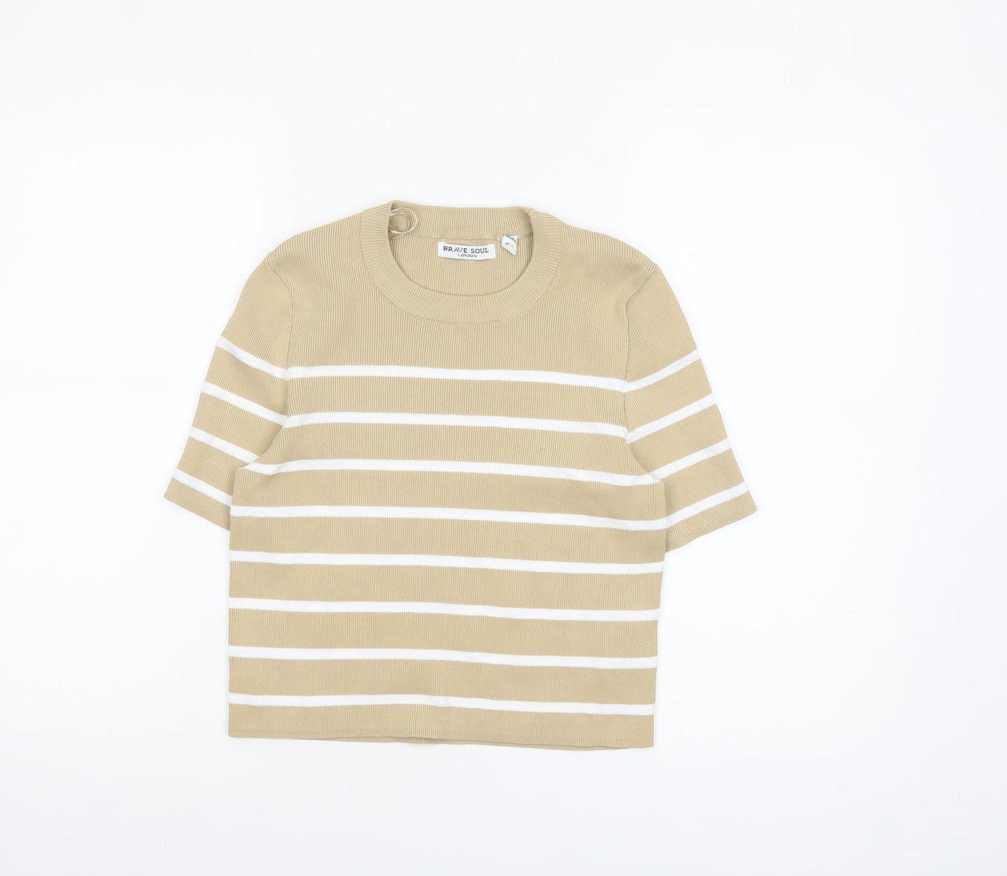 Brave Soul Women Beige Striped Cropped Knit T-Shirt Size M