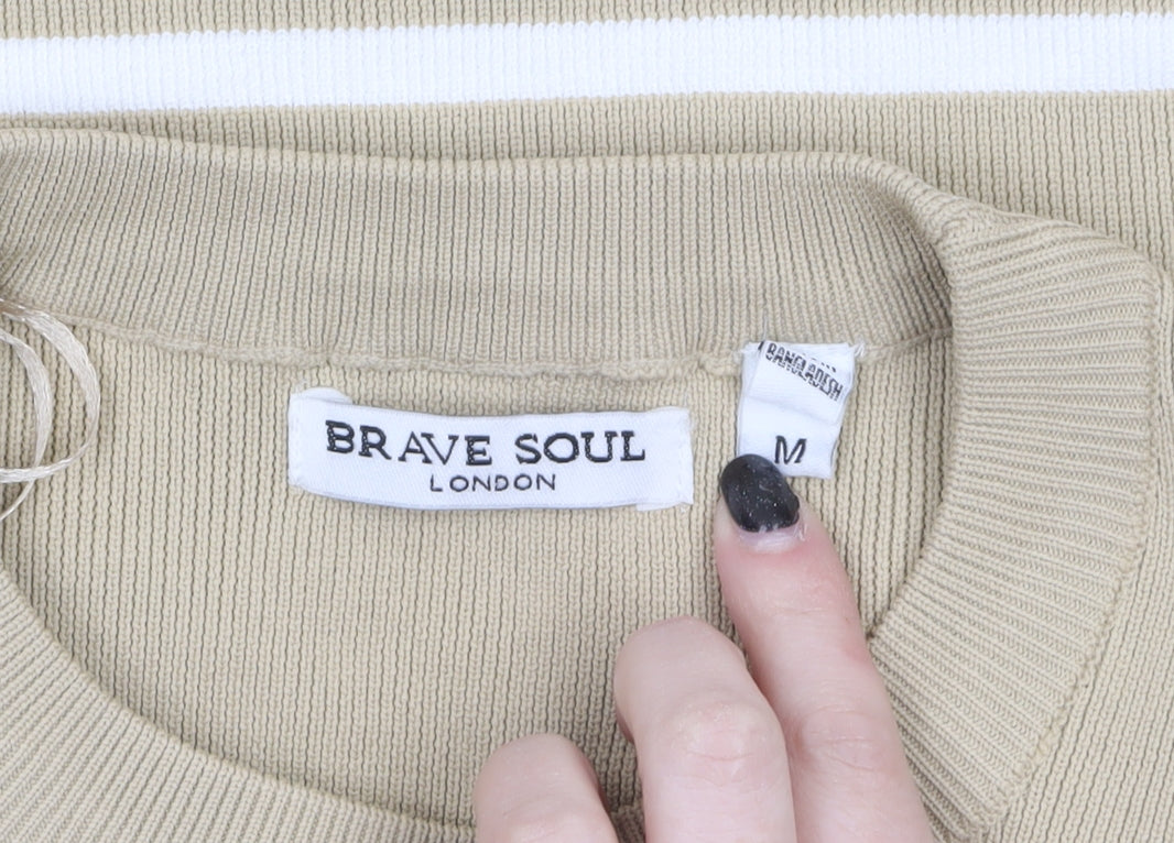 Brave Soul Women Beige Striped Cropped Knit T-Shirt Size M