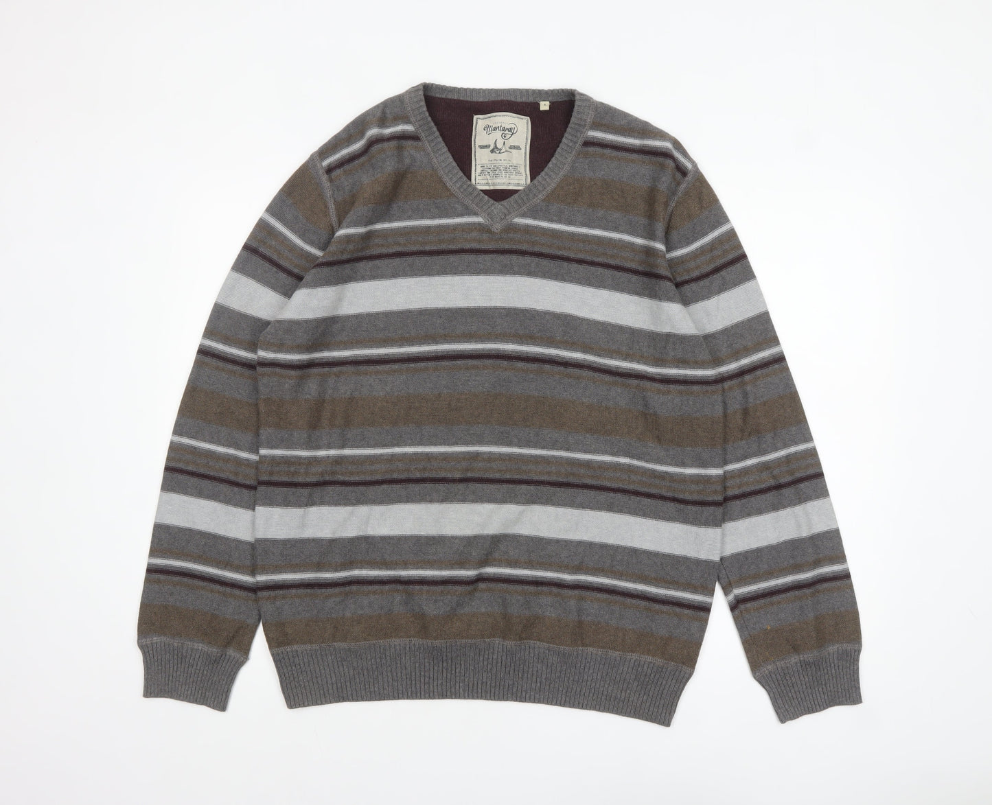 Mantaray Men's Grey Striped Cotton V-Neck Jumper Size L