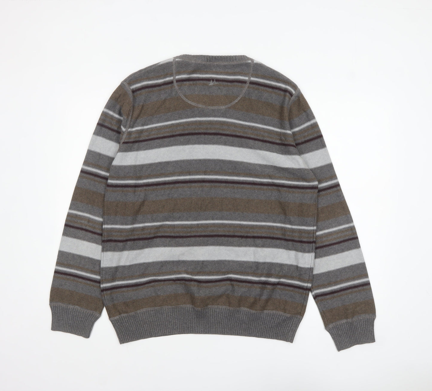 Mantaray Men's Grey Striped Cotton V-Neck Jumper Size L