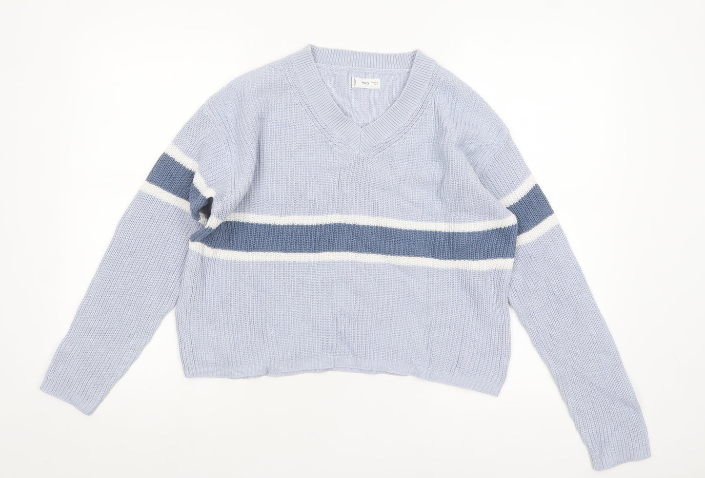 MNG Women Blue Striped V-Neck Cotton Knit Jumper Size M