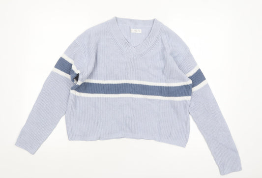 MNG Women Blue Striped V-Neck Cotton Knit Jumper Size M