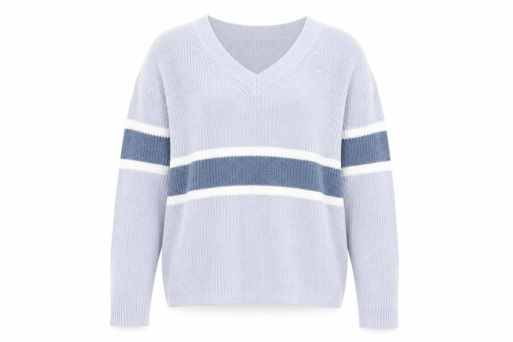 Mango Women Blue Striped V-Neck Cotton Knit Jumper Size M