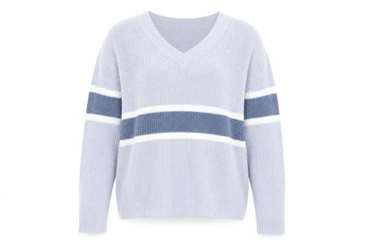 Mango Women Blue Striped V-Neck Cotton Knit Jumper Size M