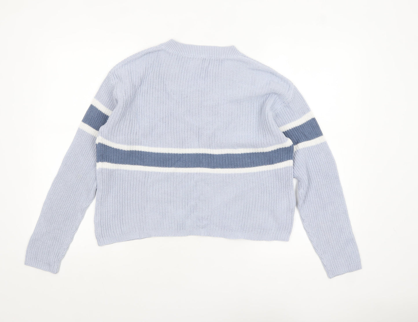MNG Women Blue Striped V-Neck Cotton Knit Jumper Size M