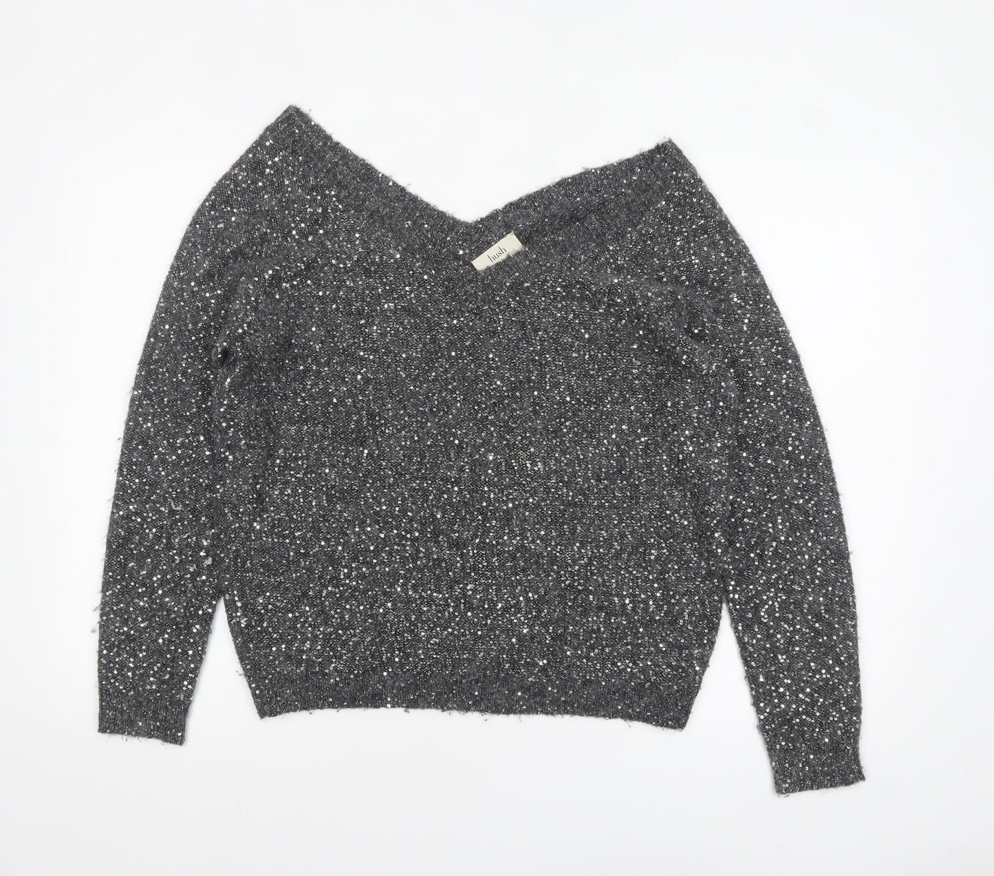 Hush Women’s Grey Sequin V-Neck Wool Blend Jumper Size S