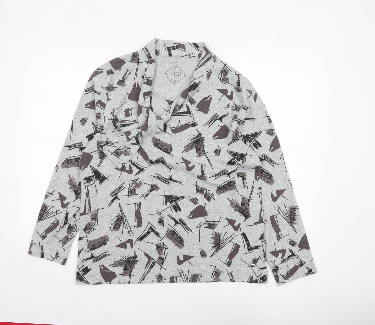 TIGI Women’s Grey Abstract Cowl Neck Long Sleeve Pullover Jumper Size 14/16