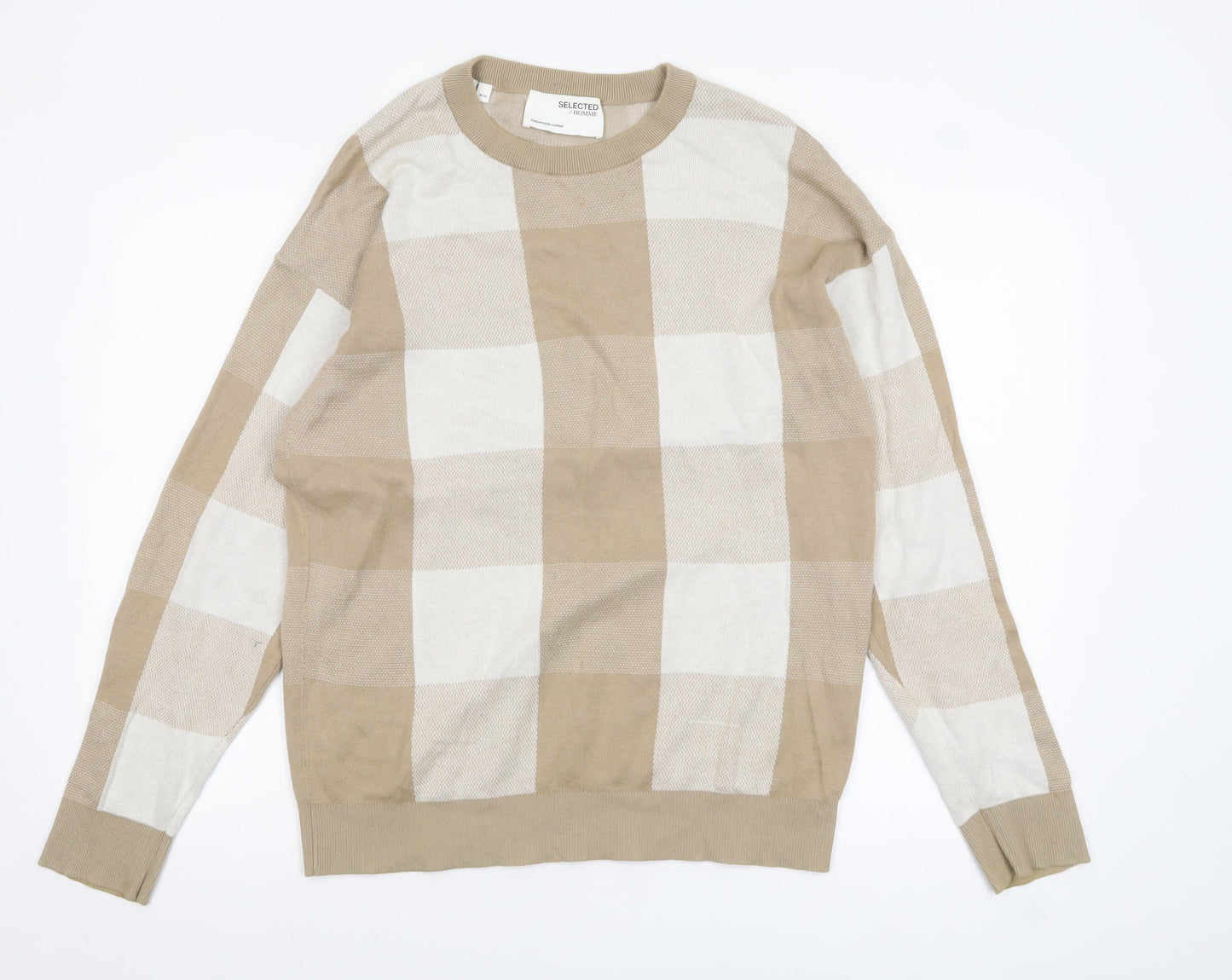 SELECTED HOMME Men Beige Check Cotton Crew Neck Jumper M