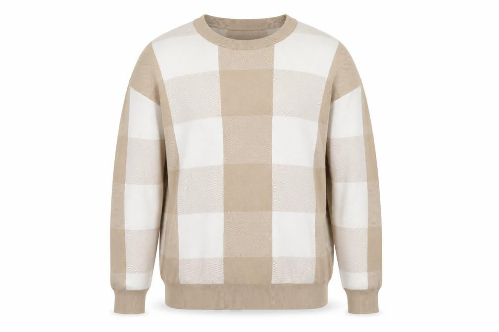 SELECTED HOMME Men Beige Check Cotton Crew Neck Jumper M