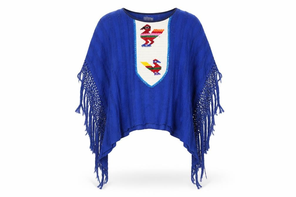 Elisema Women's Blue Bohemian Fringe Cape Poncho M