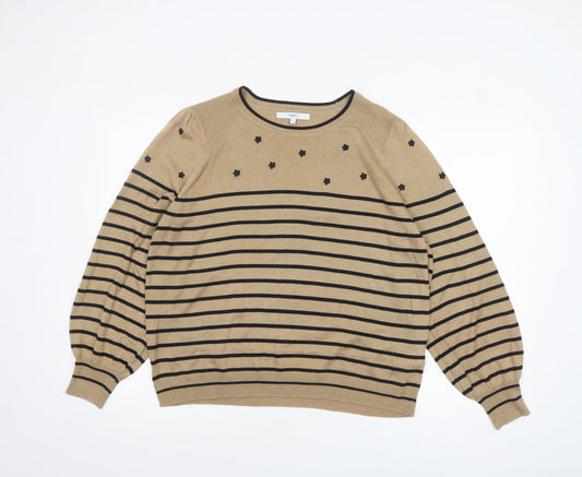 Next Womens Beige Black Striped Jumper L Long Sleeve Crew Neck