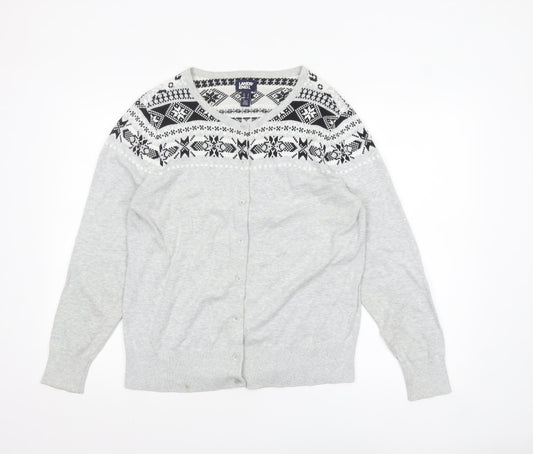 Lands' End Women Grey Fair Isle Cotton Cardigan L