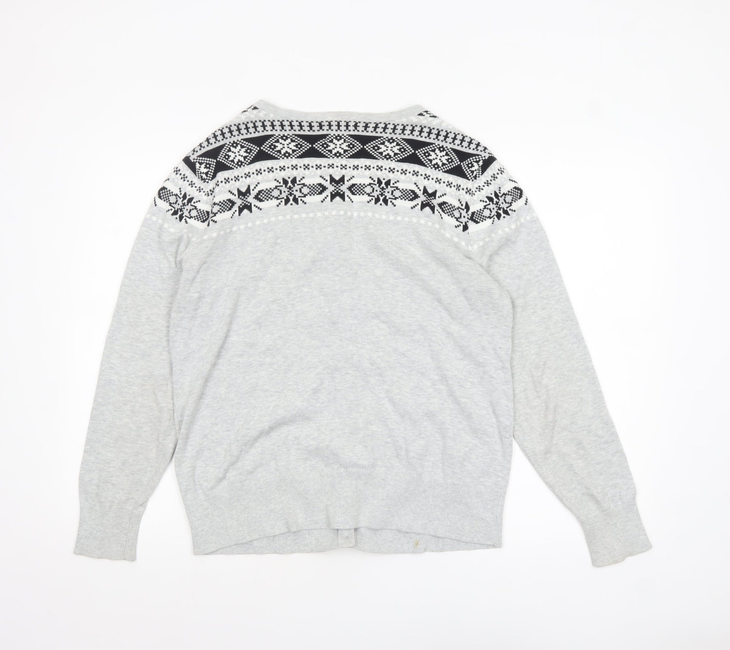 Lands' End Women Grey Fair Isle Cotton Cardigan L
