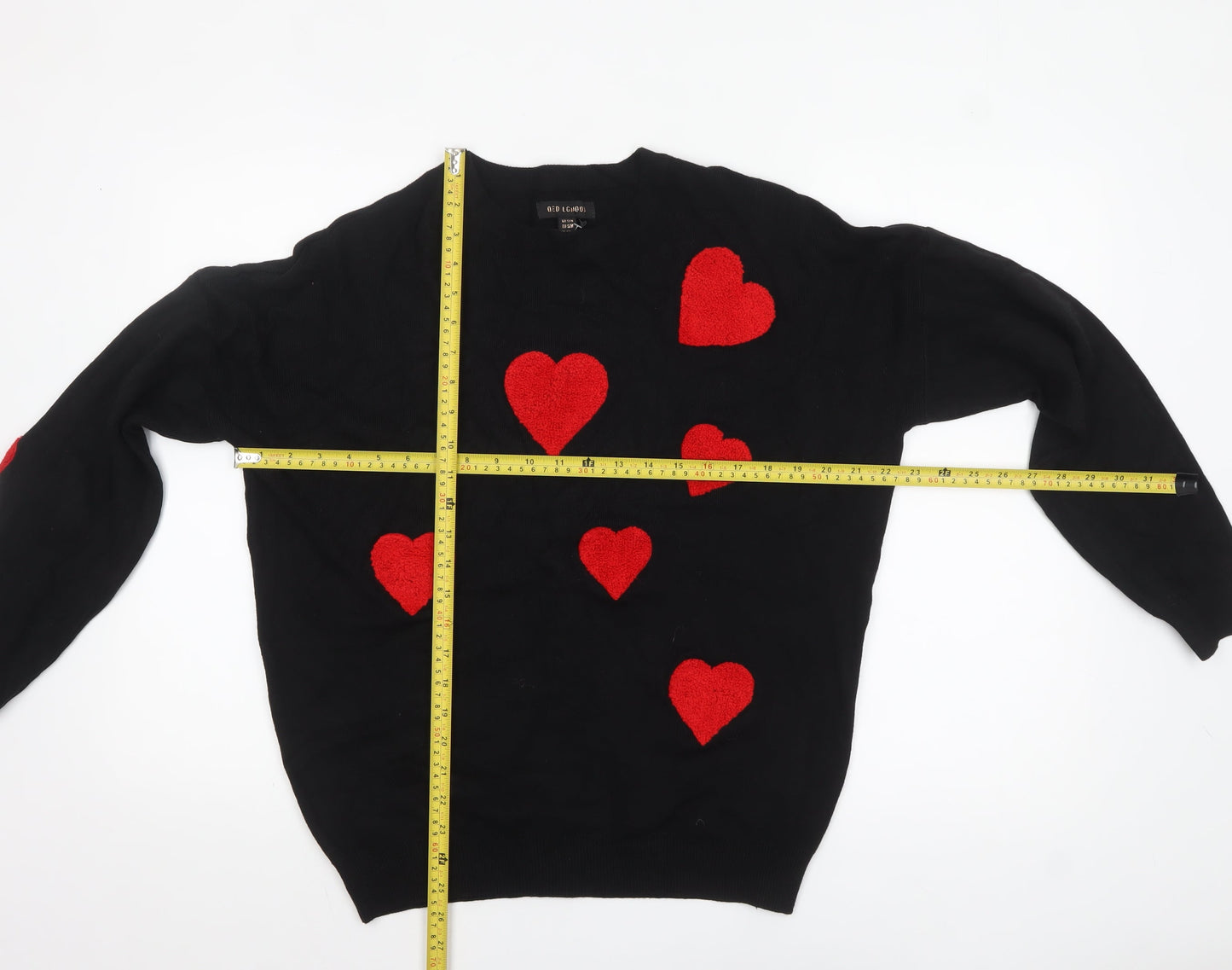 QED London Womens Black Red Heart Pullover Jumper Size S