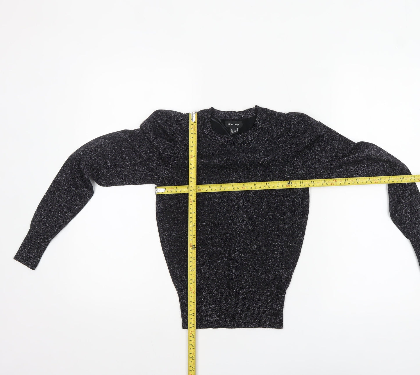 New Look Women's Black Glitter Puff Sleeve Crew Neck Jumper Size 4