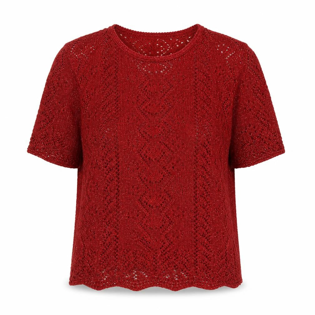 Berkertex Women Red Crochet Knit Short Sleeve Blouse Size 14