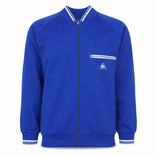 Front view of Le Coq Sportif Men's Blue Full Zip Sweatshirt, size S, Retro Style