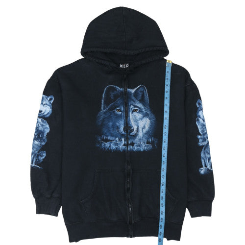 Wild Mens Black XL Full Zip Hoodie Wolf Graphic Cotton Sweatshirt
