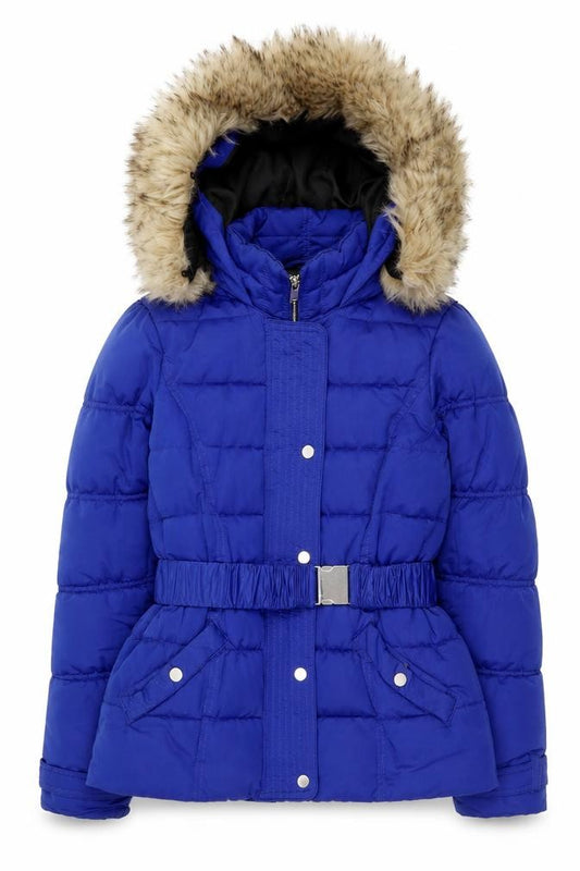 River Island Womens Blue Puffer Jacket Size 8 Hooded Belted Winter Coat