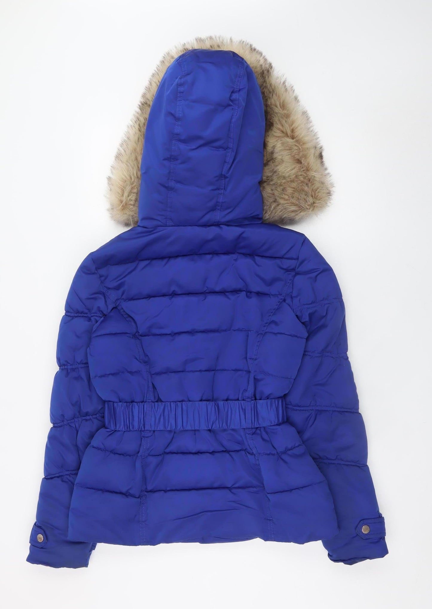 River Island Womens Blue Puffer Jacket Size 8 Hooded Belted Winter Coat