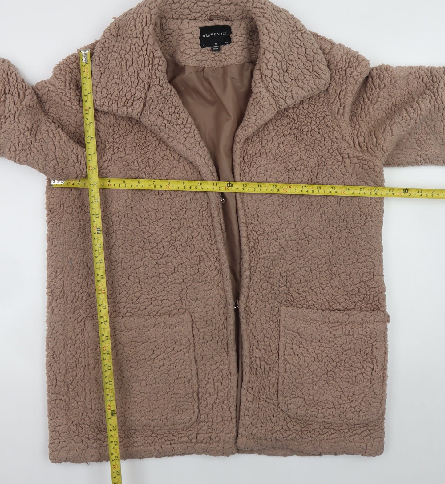 Brave Soul Women's Beige Teddy Fleece Mid-Length Zip Coat Size 12