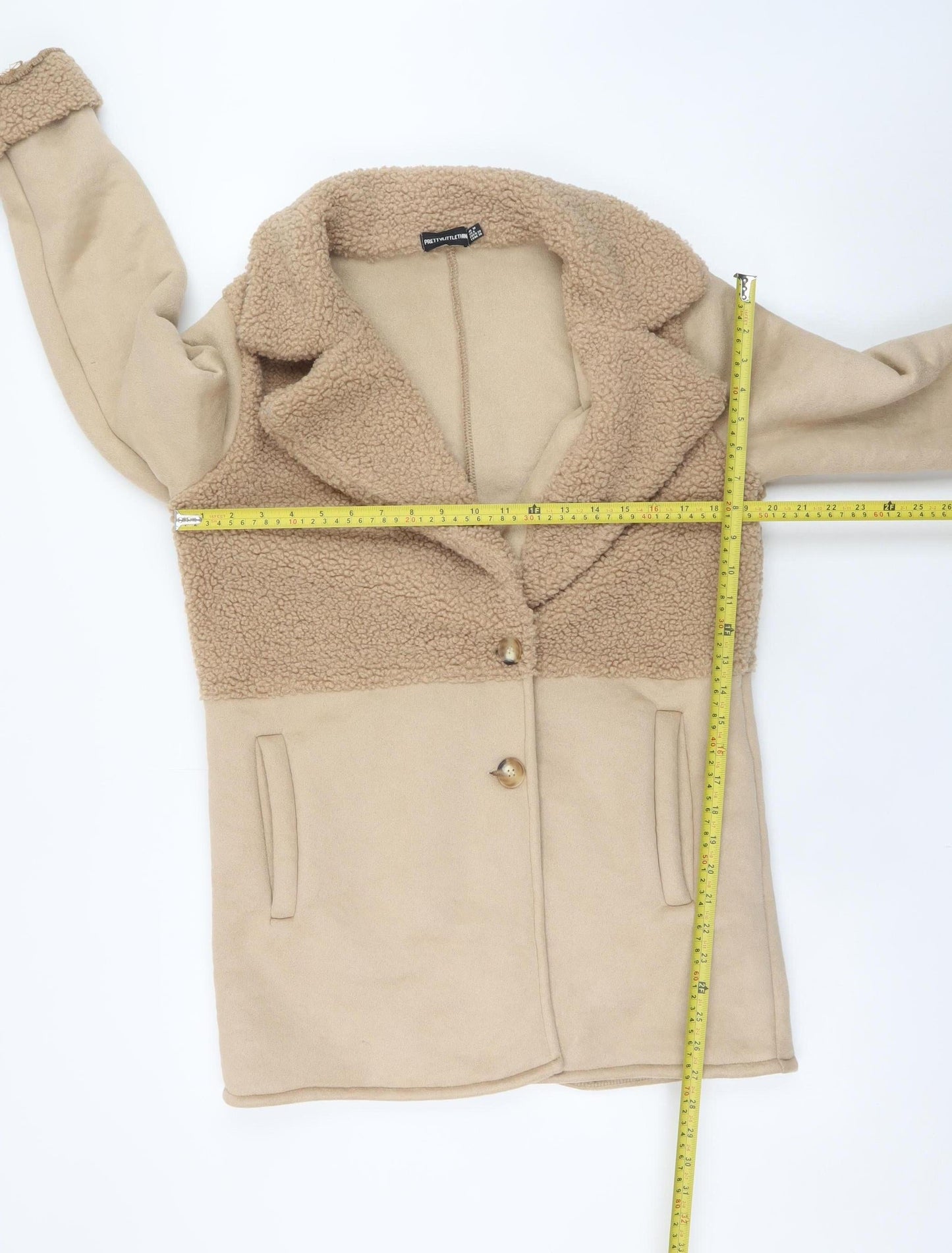 PrettyLittleThing Womens Beige Teddy Coat Size 10 Mid-Length Fleece