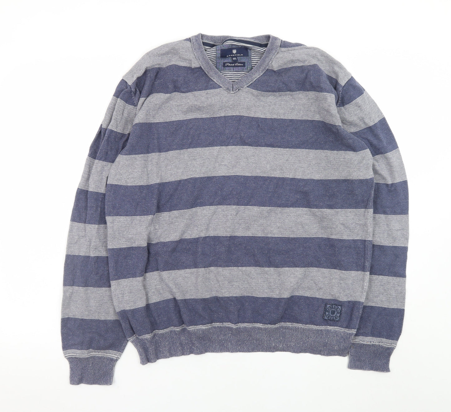 Basefield Men's Blue Striped V-Neck Cotton Jumper 2XL