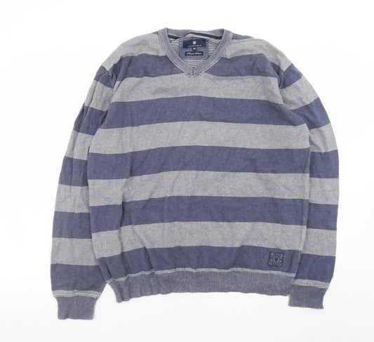 Basefield Men's Blue Striped V-Neck Cotton Jumper 2XL