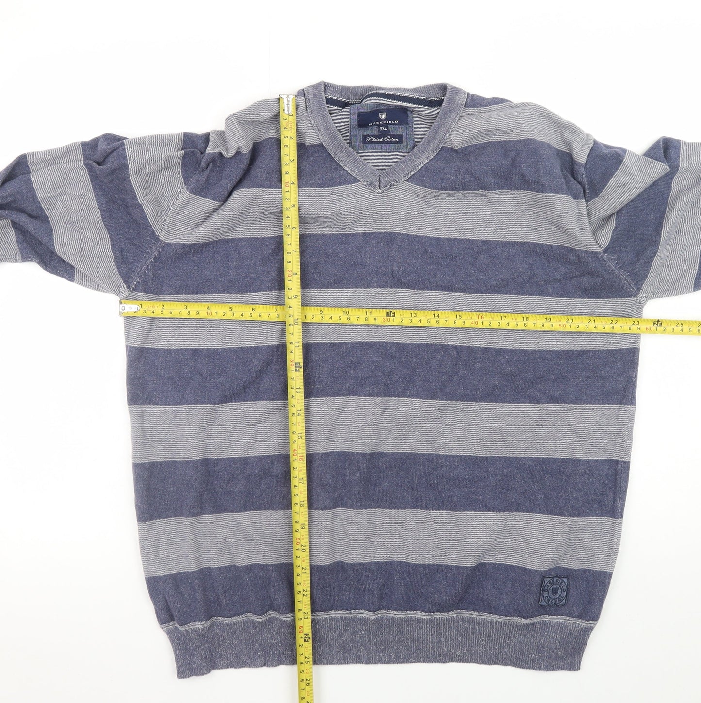 Basefield Men's Blue Striped V-Neck Cotton Jumper 2XL