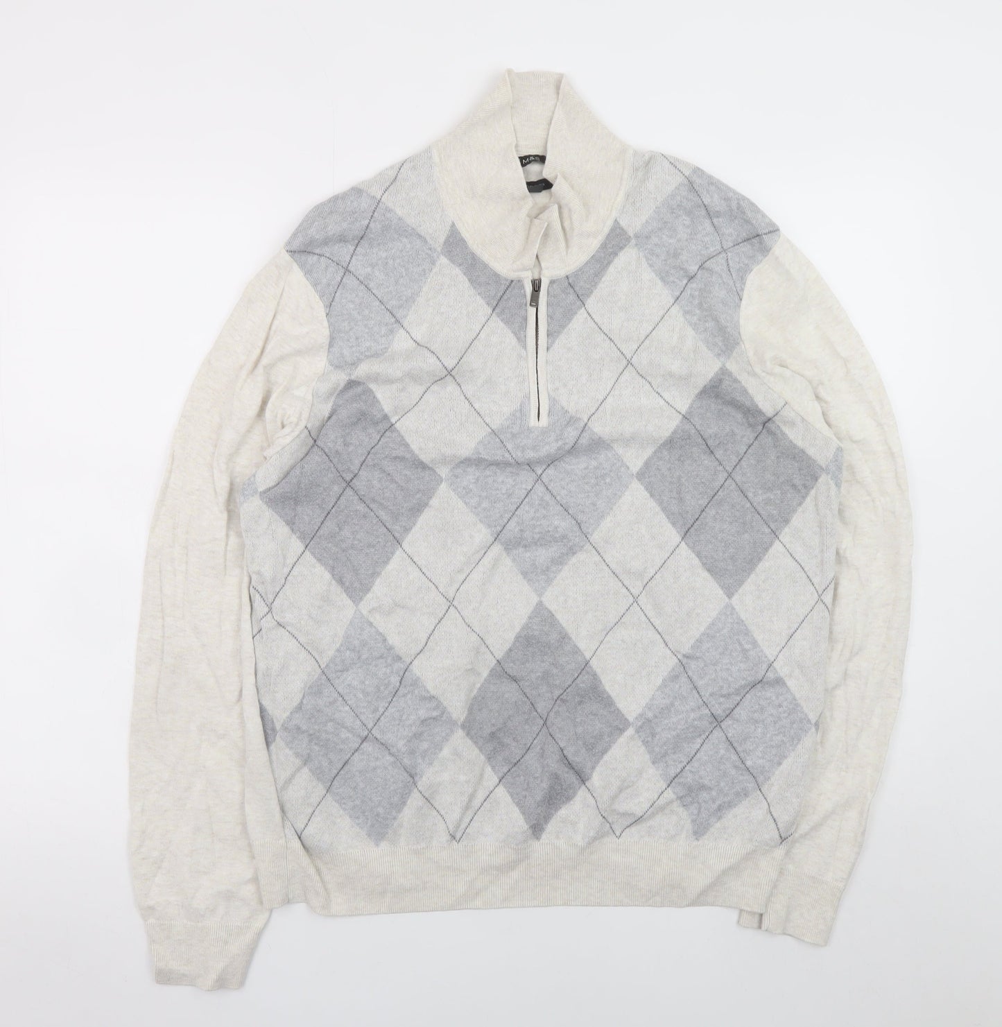 Marks and Spencer Men’s Grey Argyle 1/2 Zip Cotton Jumper Size L