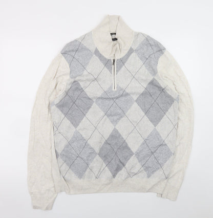 Marks & Spencer Men’s Grey Argyle 1/2 Zip Cotton Jumper Size L