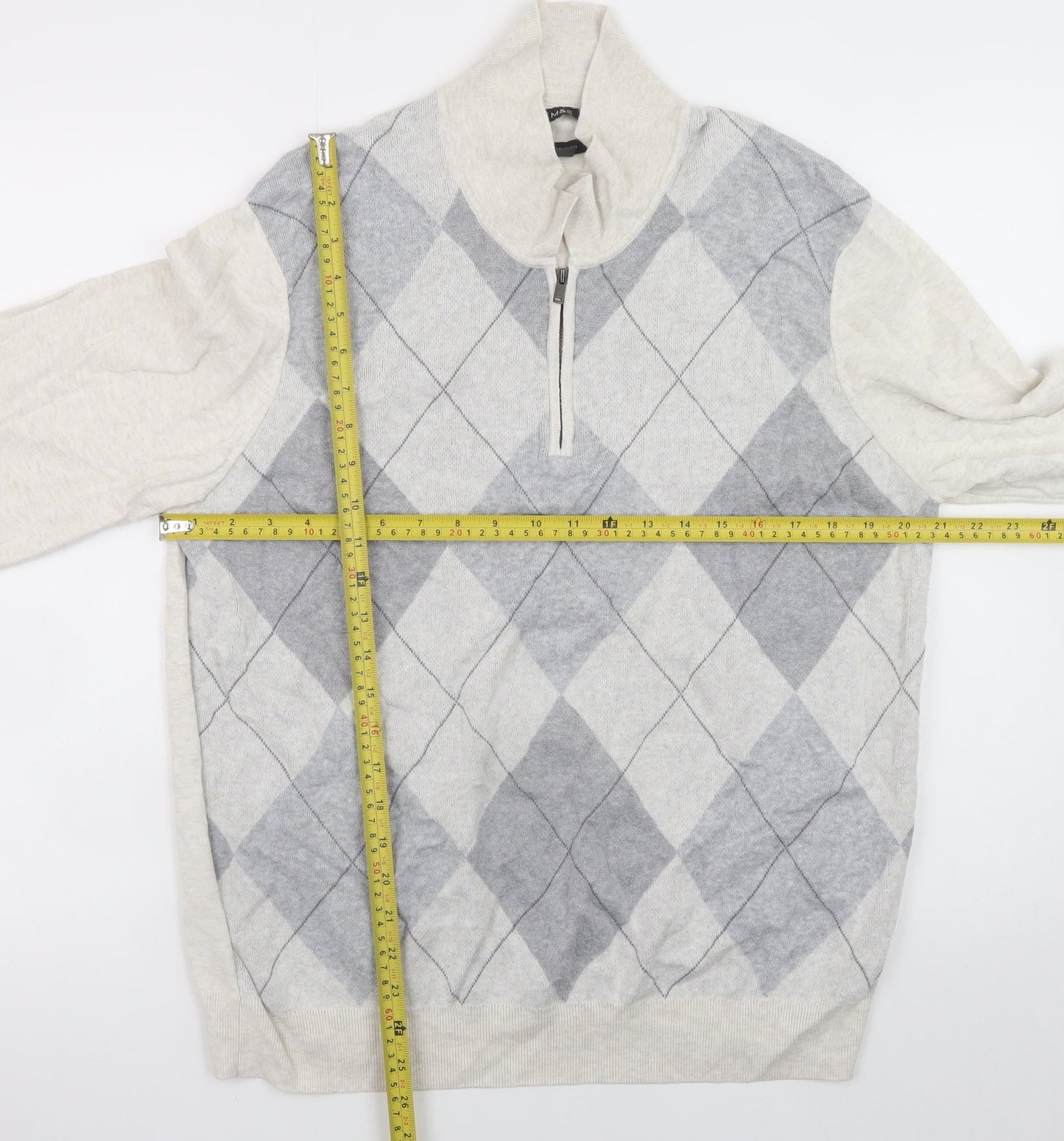 Marks and Spencer Men’s Grey Argyle 1/2 Zip Cotton Jumper Size L
