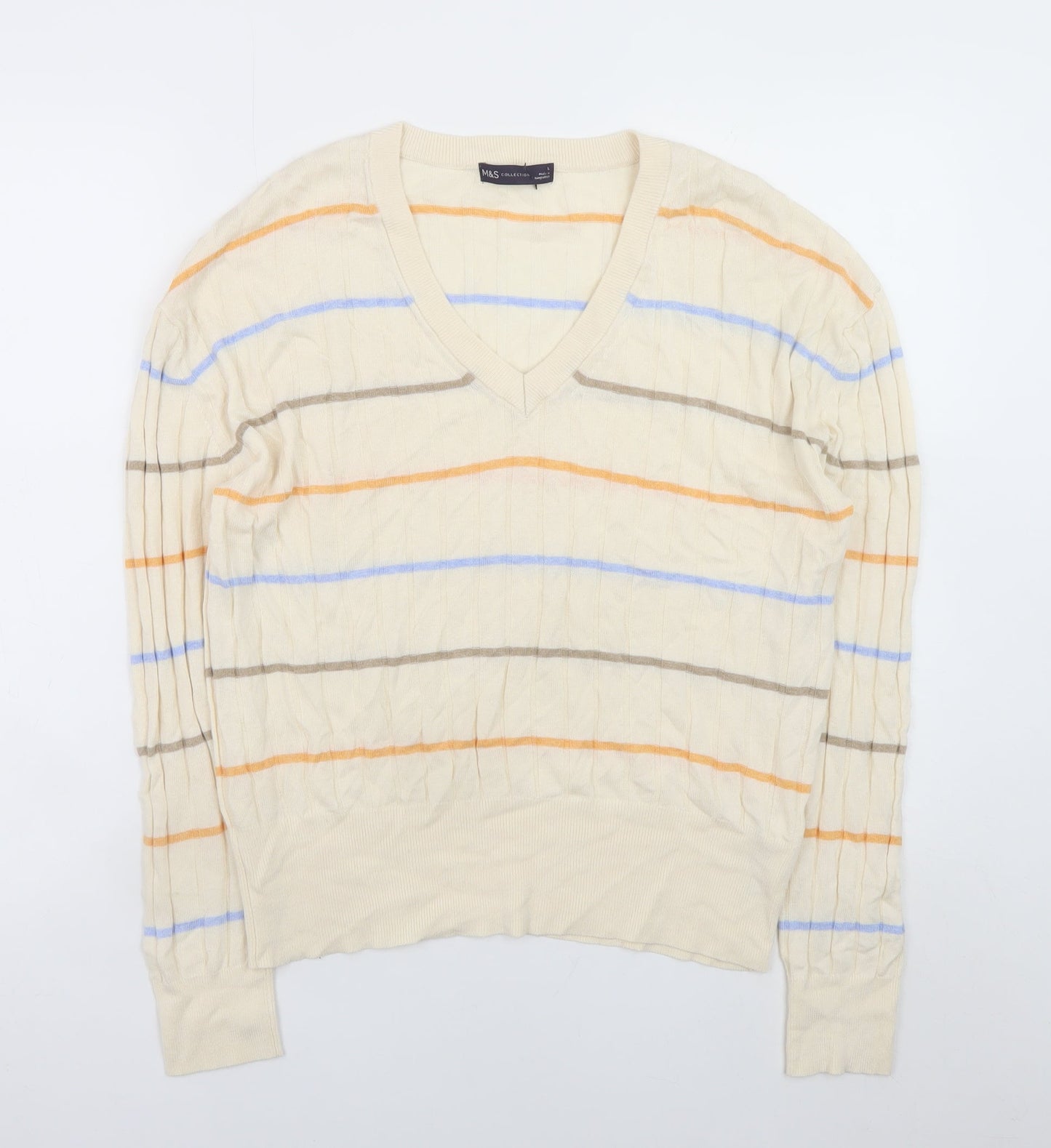 Marks and Spencer Women’s Beige Striped V-Neck Knit Pullover Jumper Size L