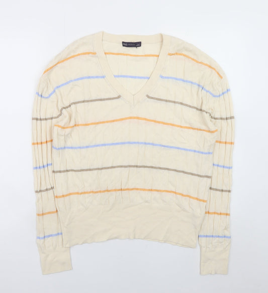 Marks and Spencer Women’s Beige Striped V-Neck Knit Pullover Jumper Size L