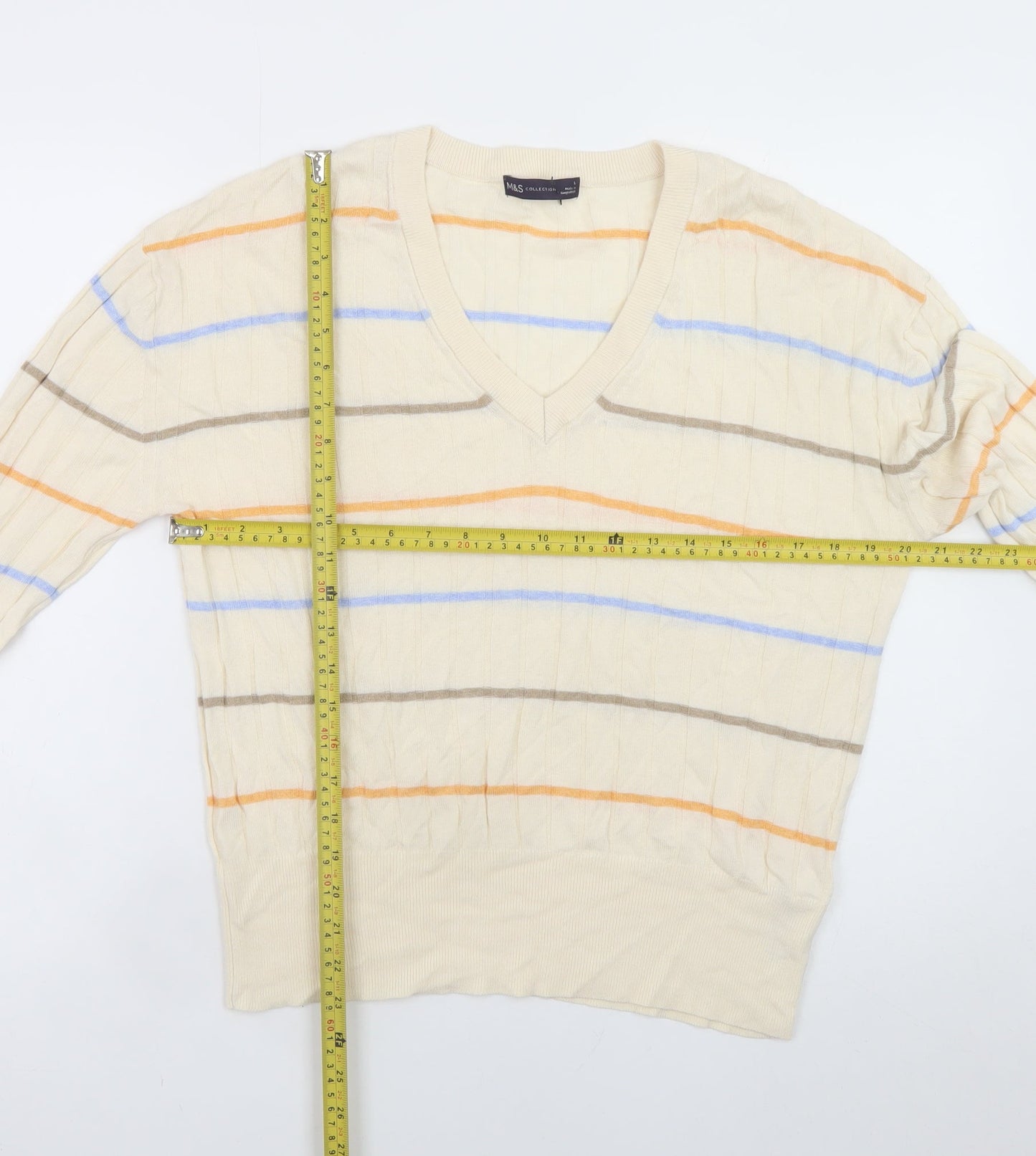 Marks and Spencer Women’s Beige Striped V-Neck Knit Pullover Jumper Size L