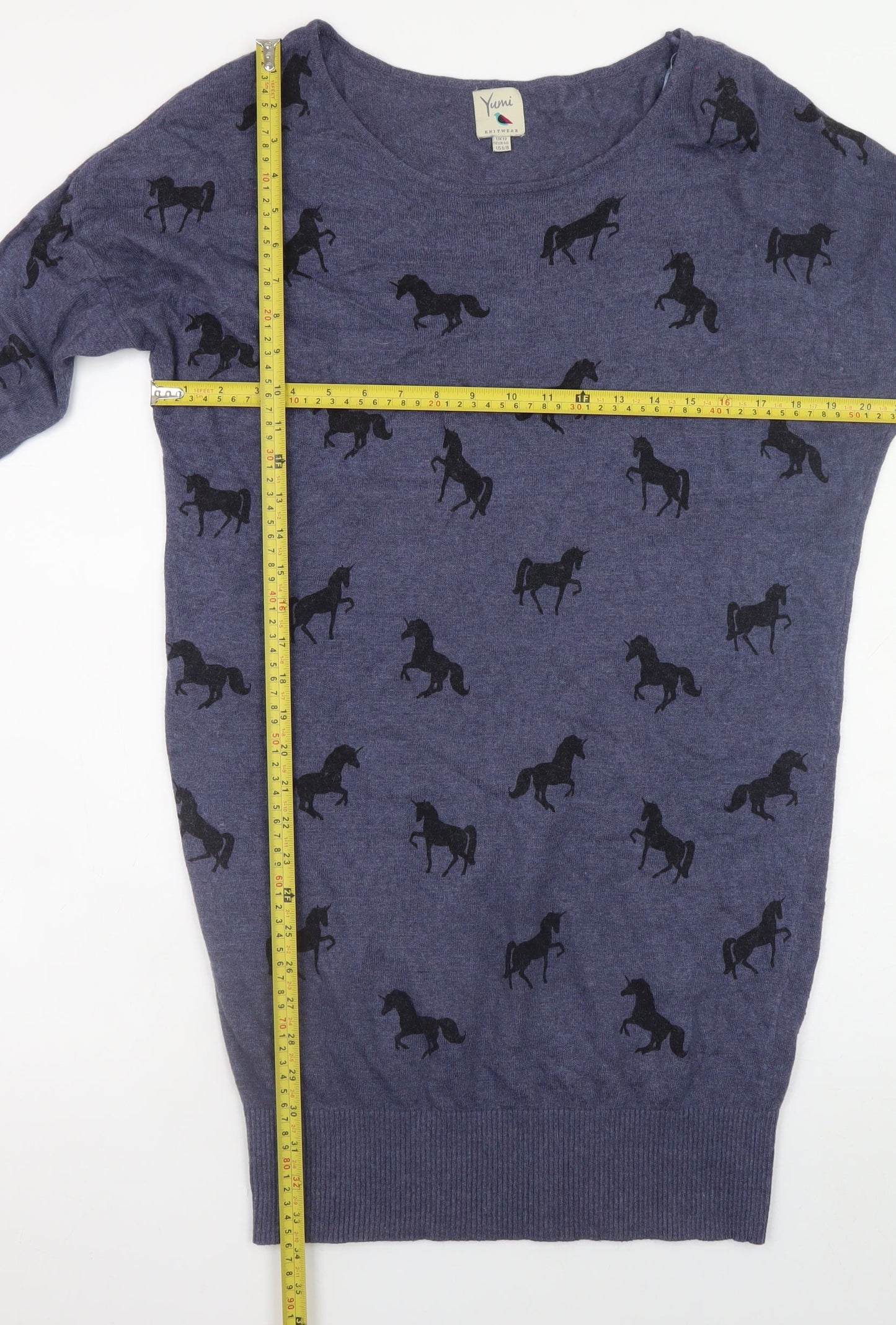Yumi Women Blue Horse Knit Shift Dress UK12 3/4 Sleeve Casual
