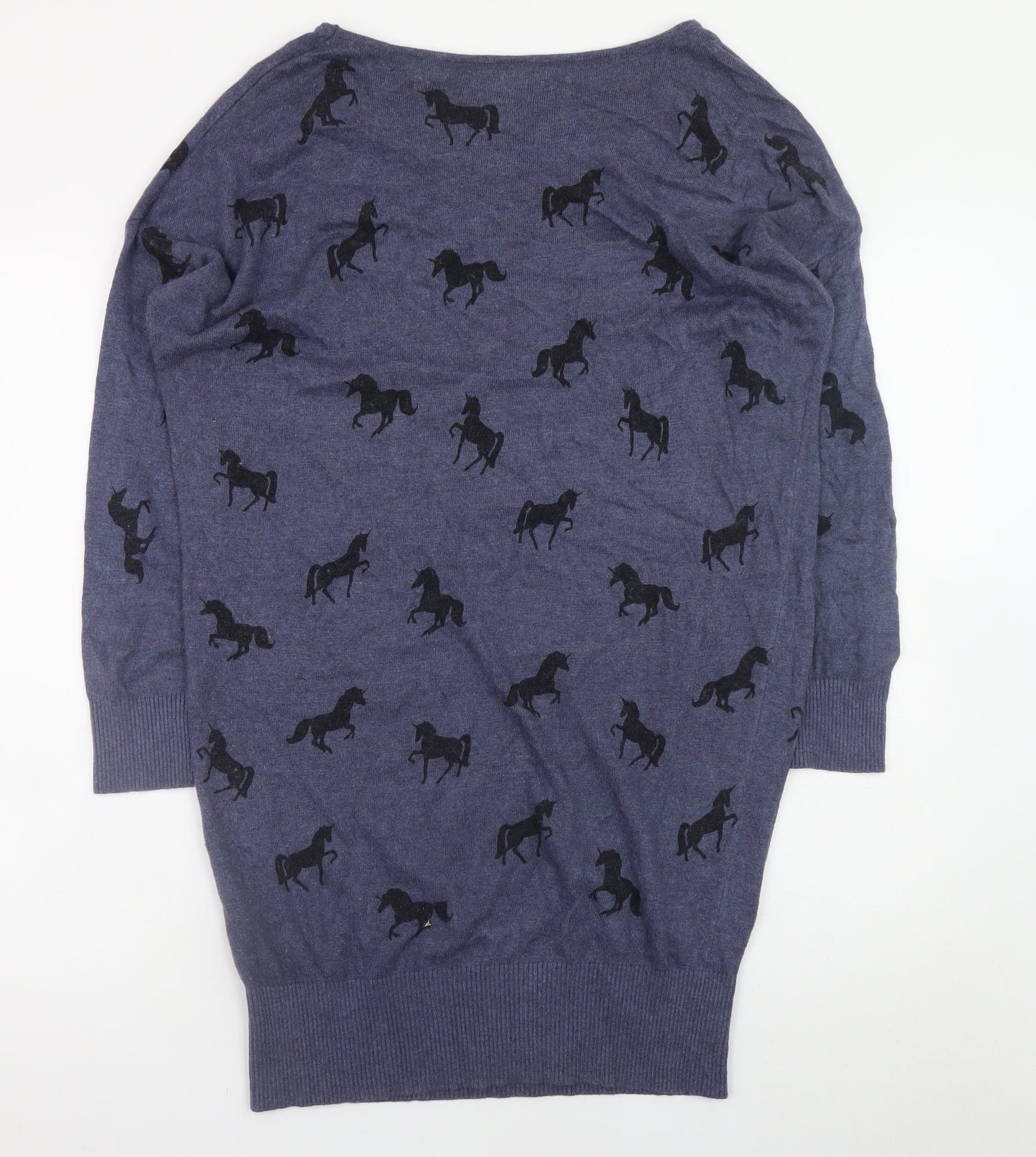 Yumi Women Blue Horse Knit Shift Dress UK12 3/4 Sleeve Casual