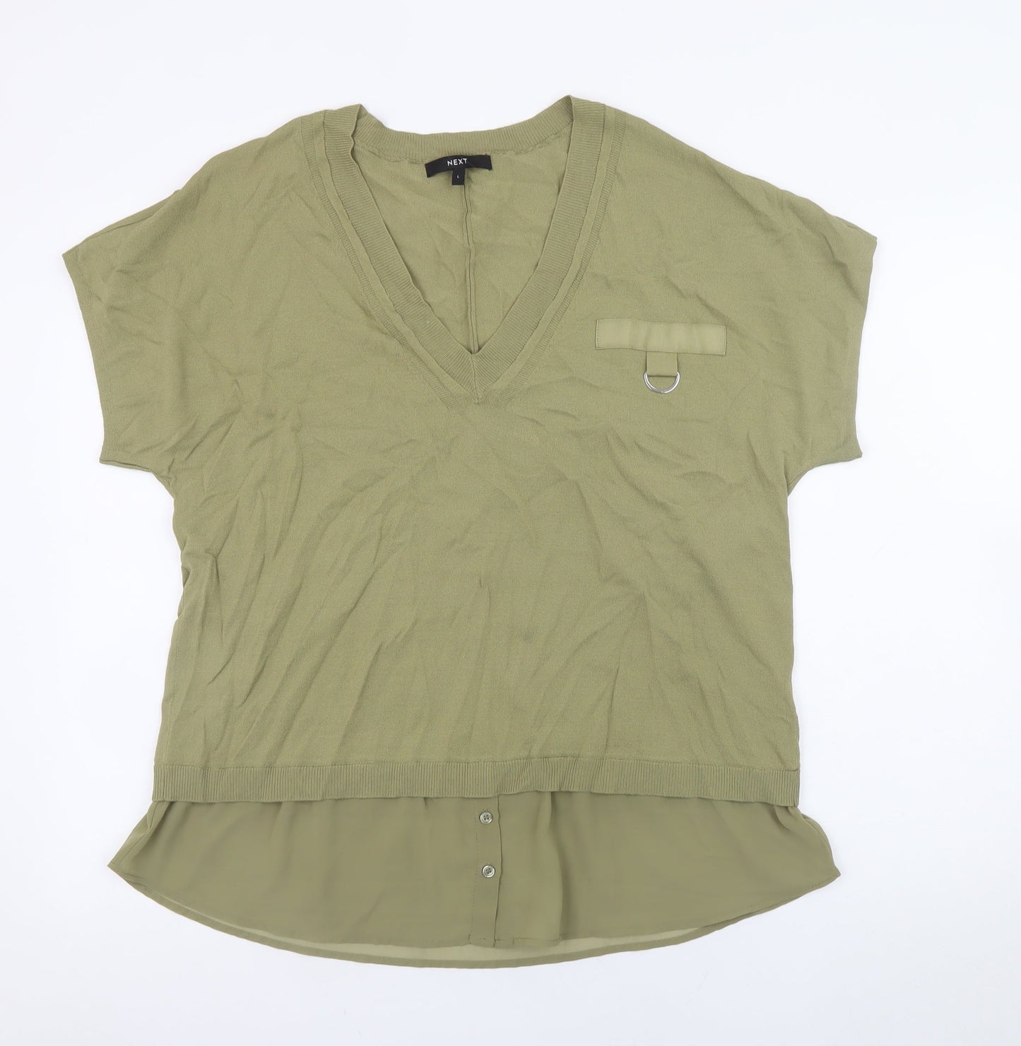 Next Women Green Tunic Blouse L V-Neck Short Sleeve