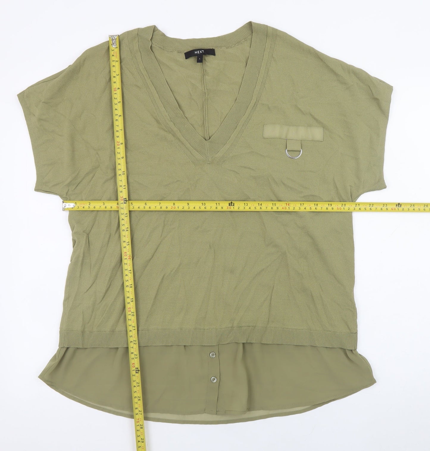 Next Women Green Tunic Blouse L V-Neck Short Sleeve