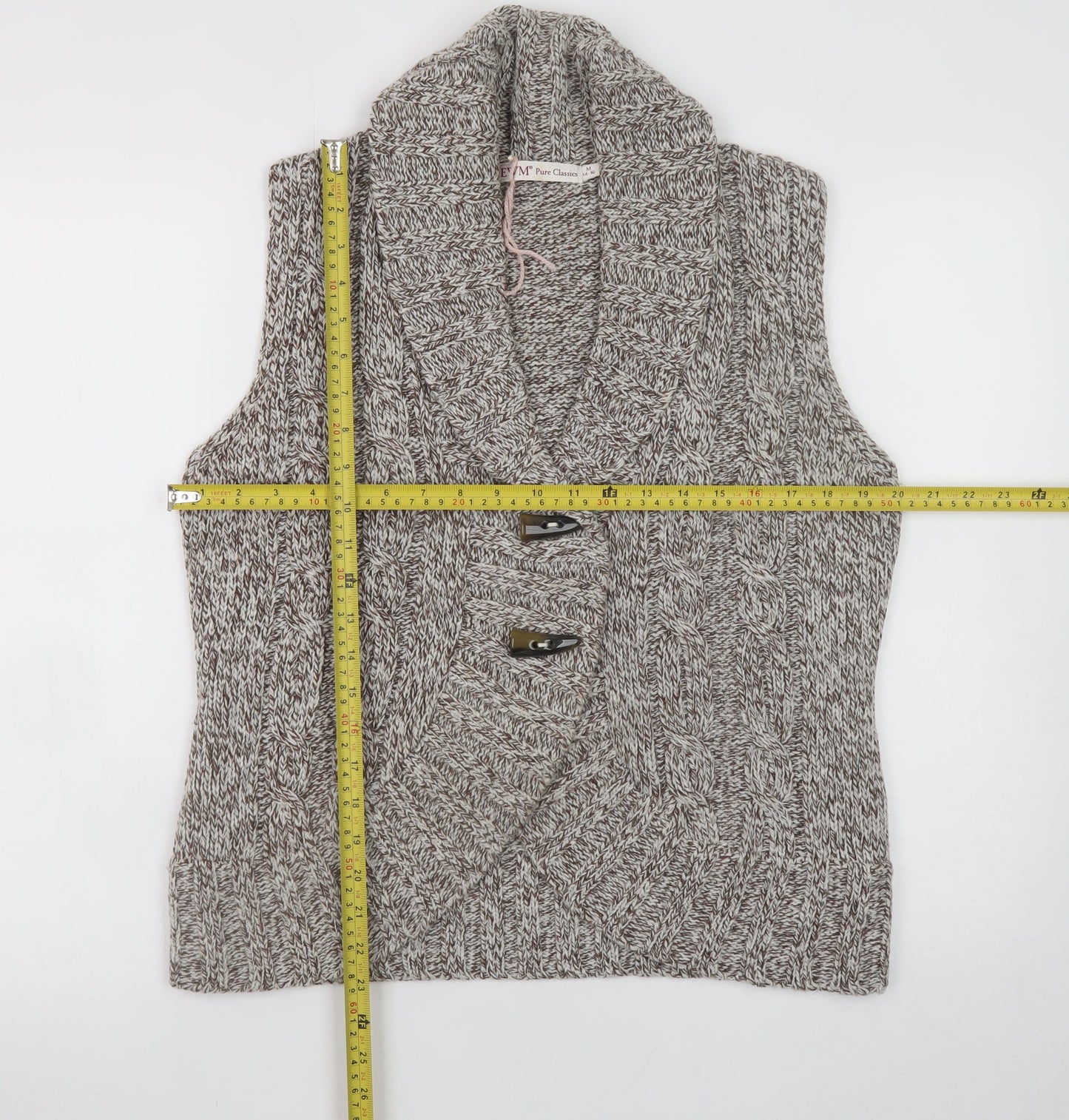 EWM Women's Beige Cable-Knit Sleeveless Vest M 14-16 Open Cardigan