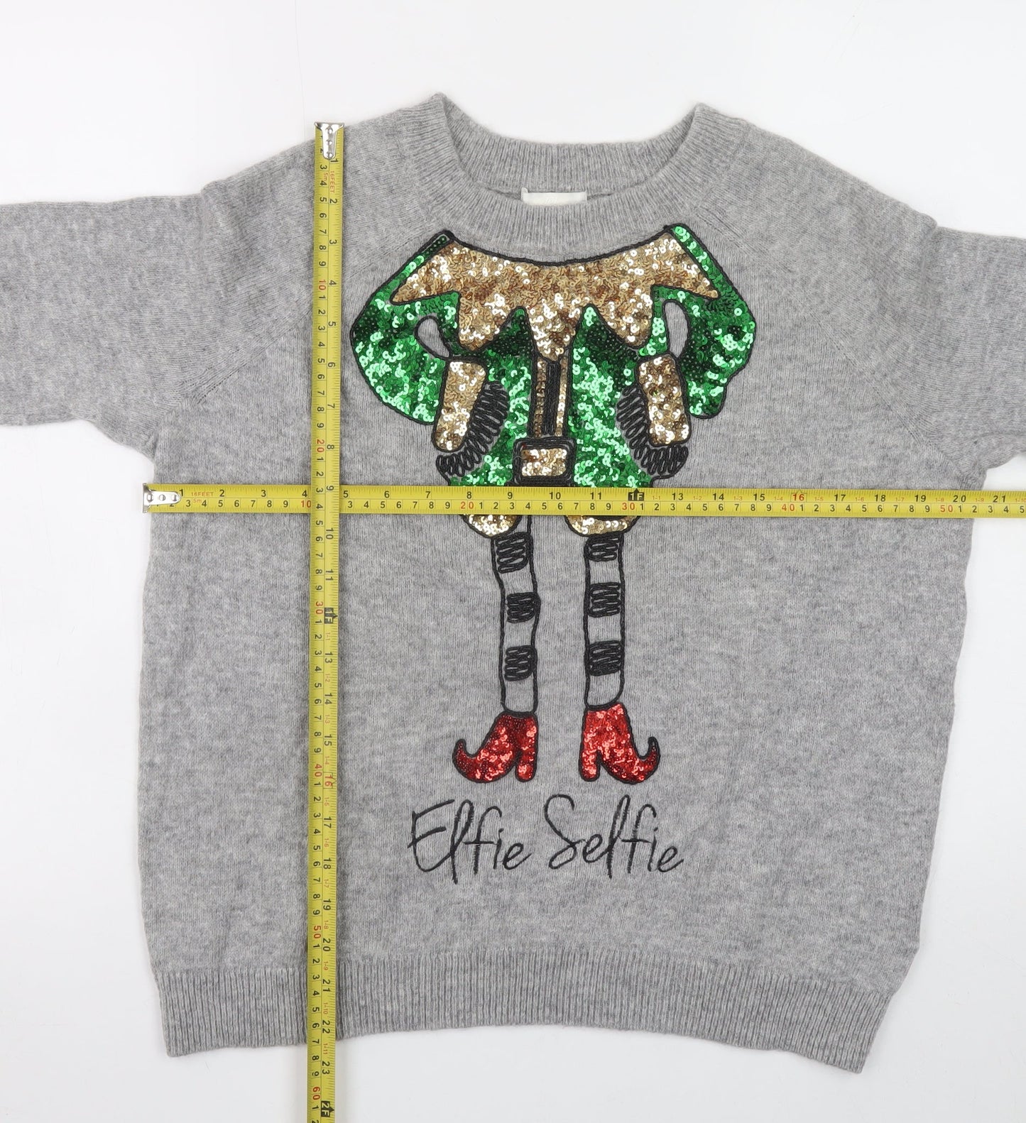H&M Women’s Grey Elfie Selfie Sequin Christmas Jumper Size 12