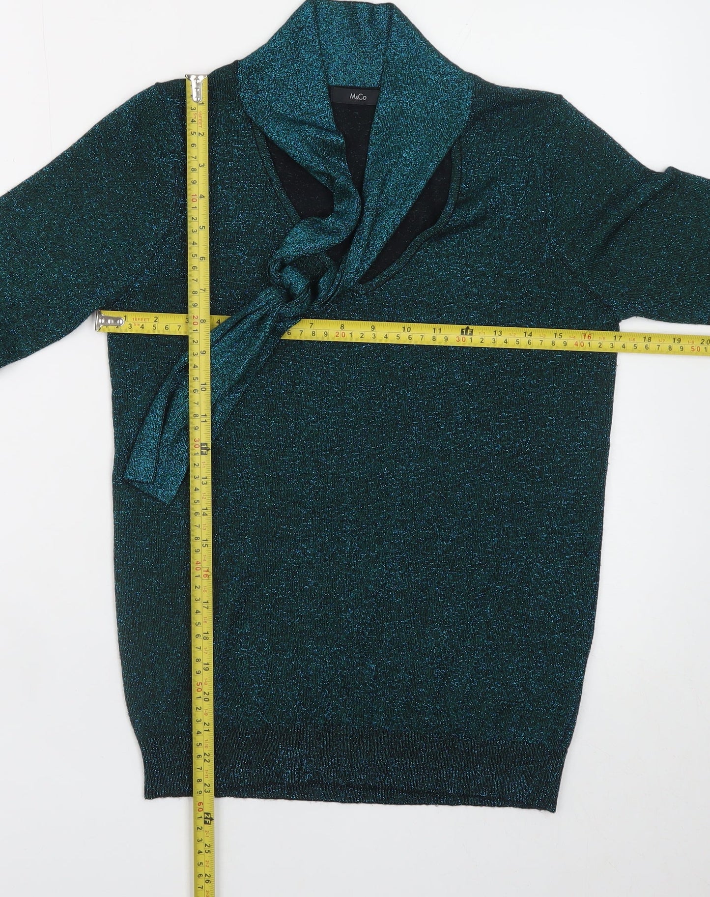 M&Co Women's Green Size 10 V-Neck Bow Glitter Pullover Jumper