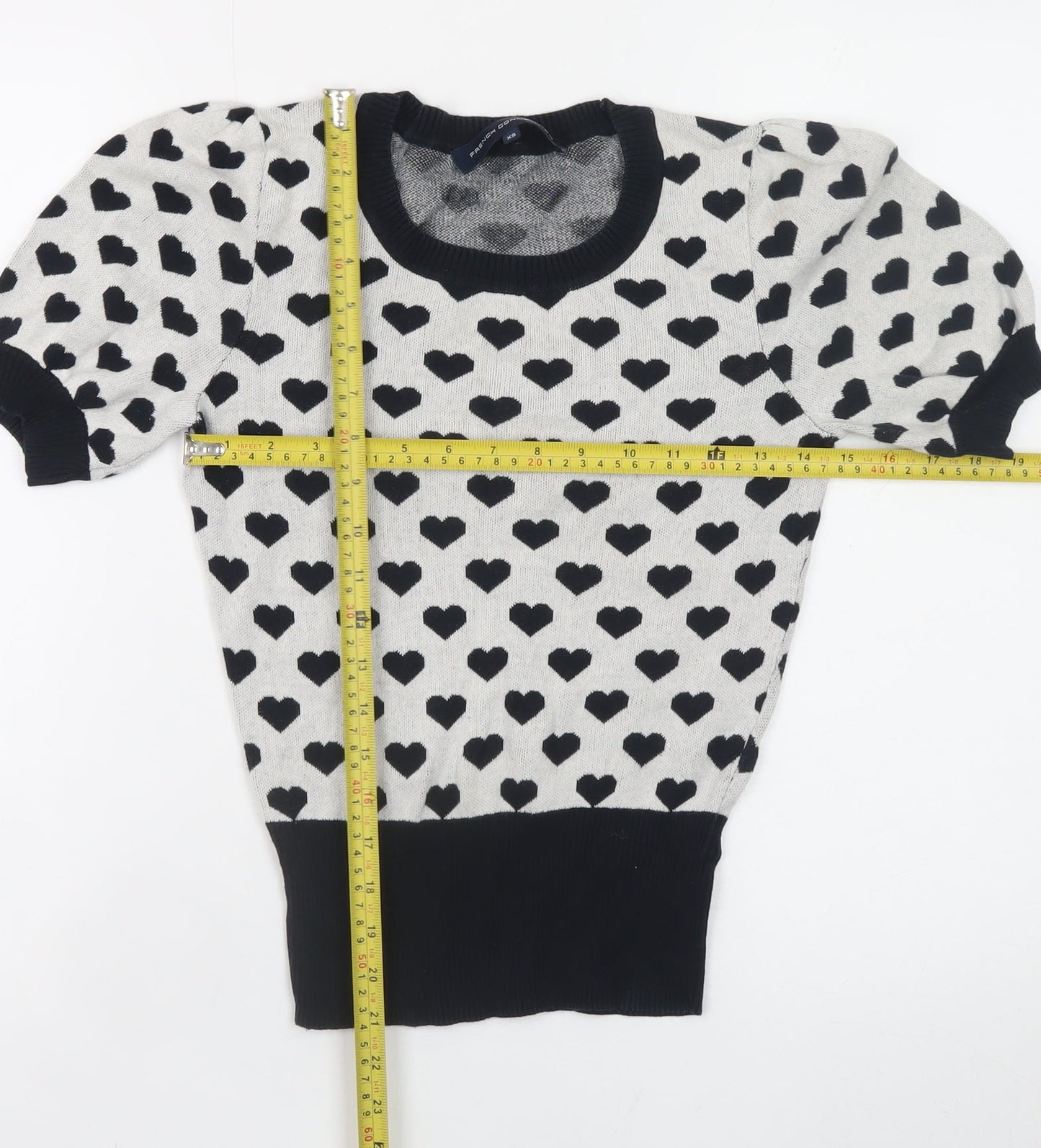French Connection Women's Black Heart Print Cotton Pullover Jumper XS