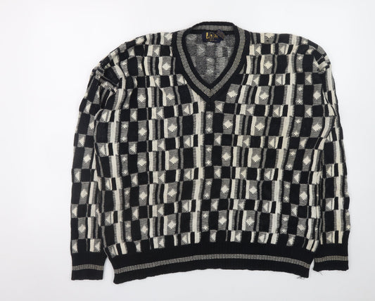 Le Roy Men’s Black Geometric Cotton Knit V-Neck Pullover Jumper XL