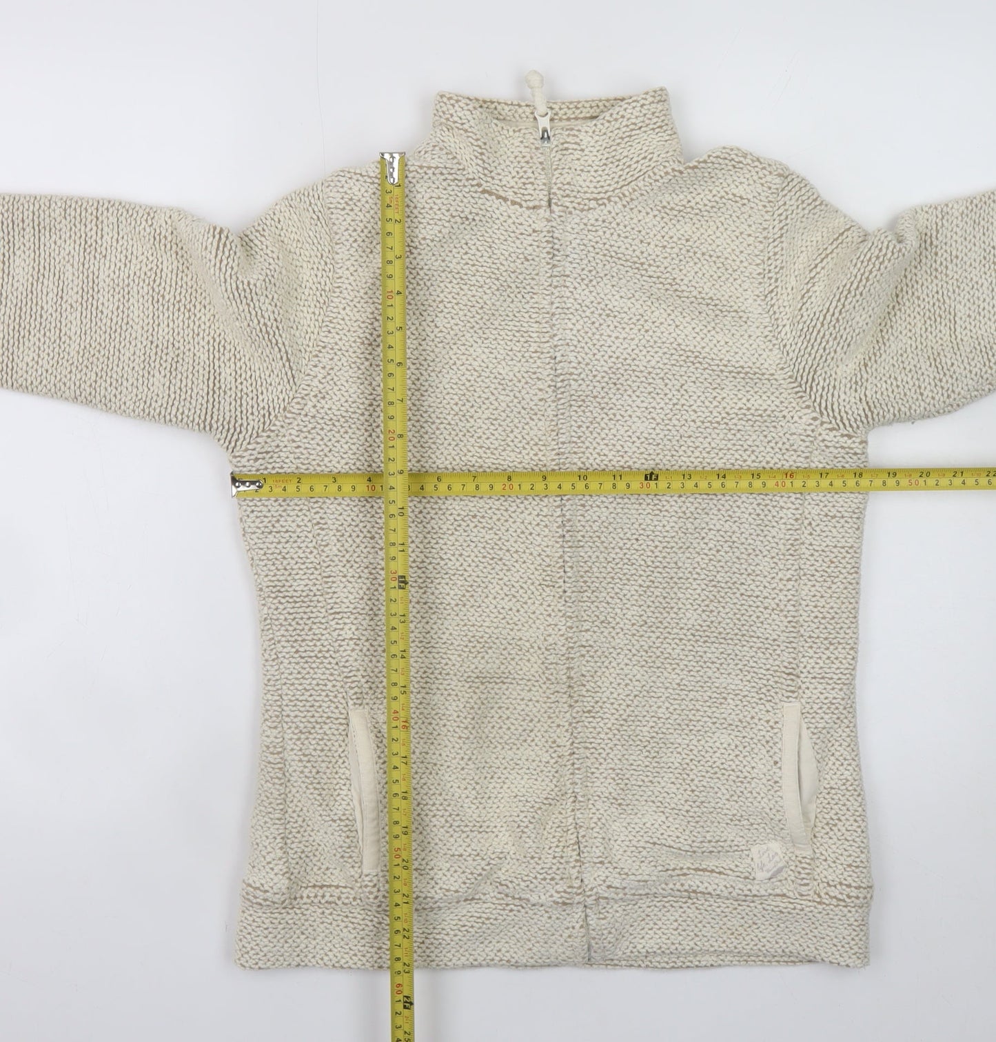 Weird Fish Women Beige Cotton Blend Full Zip Knit Jacket Size 12
